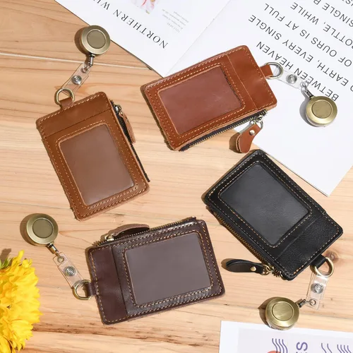 Vista 8 de Wonderpool Soporte de cuero para tarjetas de identificación con bolsillo con cremallera, ranuras para tarjetas, cordón desmontable para el cuello