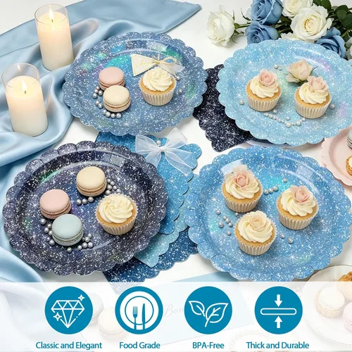 Vista 4 de Blue Iridescent Plates and Napkins Set for Birthday Baby Shower,40 Guests Disposable Light Blue Holographic Tableware Include 9" Gradient