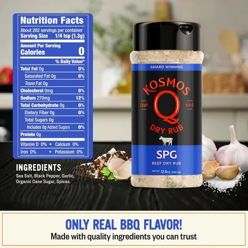 Vista 2 de Kosmos Q SPG BBQ Dry Rub, regalo del día del padre para él, condimento de ajo con azúcar de caña orgánica, barbacoa para pechuga, bistec, pollo