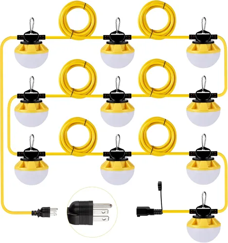 Vista 10 de Cadena de luz LED de construcción de 30 pies, 50 W, 6000 lúmenes, cable 18 AWG, cadena de luces de trabajo enlazables de 5000 K con 5 bombillas