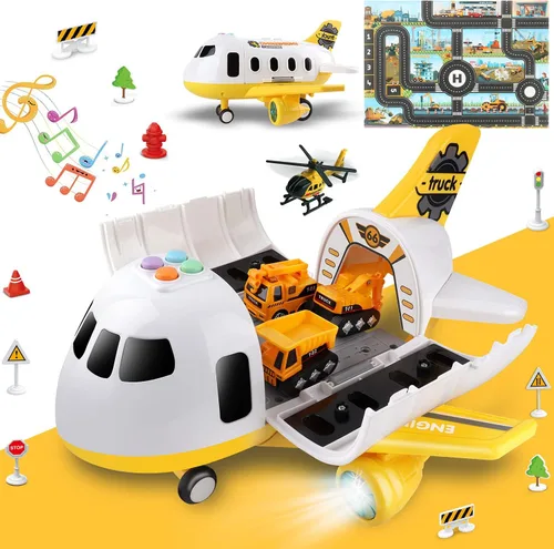 Vista 9 de Dwi Dowellin Juguete de avión rosa con 6 camiones y tapete de juego, avión con luces y sonidos para niños y niñas de 3, 4, 5, 6, 7 años