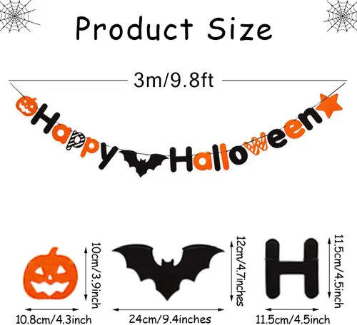 Vista 2 de JSDJ Cartel de Feliz Halloween, guirnalda de fieltro con decoraciones de calabaza araña, suministros de fiesta para uso en interiores, pared
