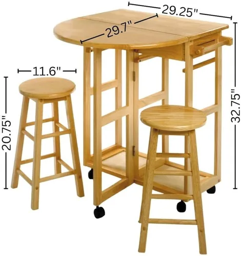 Vista 4 de Furnifact Juego de comedor de 3 piezas con hojas colgantes que ahorran espacio, mesa de madera maciza y 2 taburetes redondos, color marrón