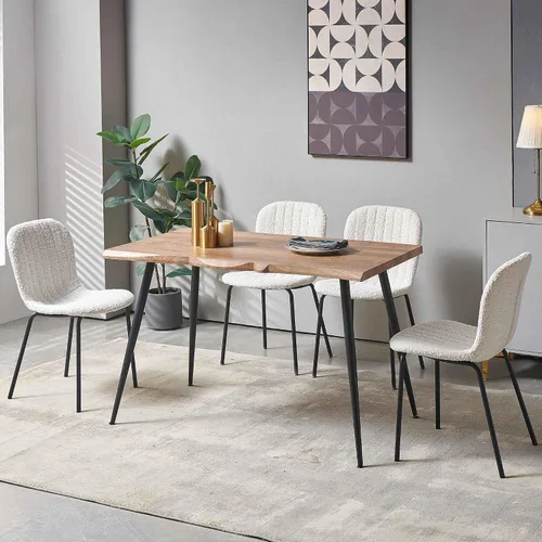 Vista 7 de Juego de 4 mesas de comedor para 4 personas con sillas blancas Boucle, mesa de centro rectangular moderna de mediados de siglo, mesa de cocina