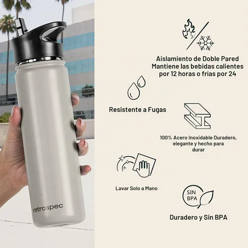 Vista 2 de Retrospec Botella de agua aislada de aliso con tapa de popote y tapa de asa, termo de acero inoxidable con boca ancha de doble pared aislada al