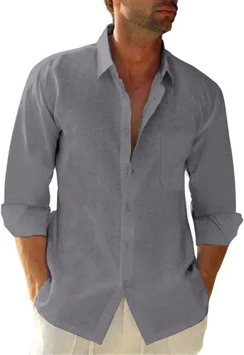 Vista 12 de JEKAOYI - Camisas de lino con botones para hombre, de manga larga, ajuste regular, de algodón, camisas de playa con bolsillo