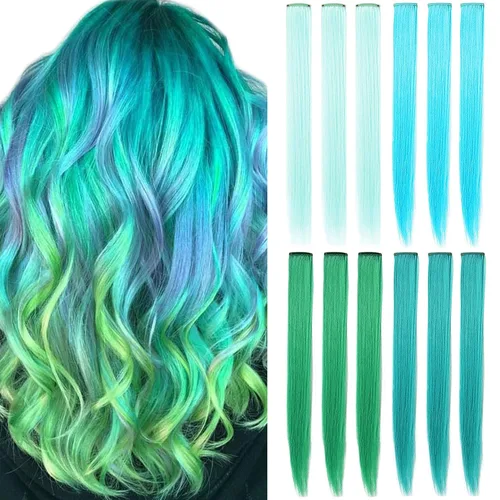 Vista 9 de 12 extensiones de cabello de colores rectas de 20 pulgadas, extensiones de cabello sintético con clip, color arcoíris, con reflejos, para fiesta