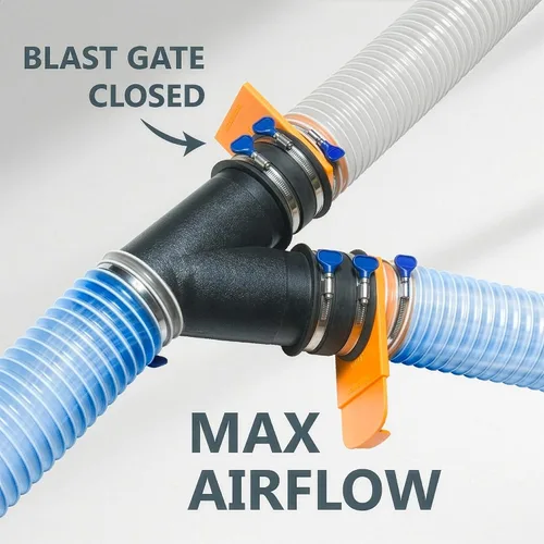 Vista 3 de POWERTEC 70522 4-Inch Integrated Blast Gate (Patented) with Dust Control Flex Cuff - Clog Resistant, Anti Gap Tapered ABS Plastic Fitting for Dust