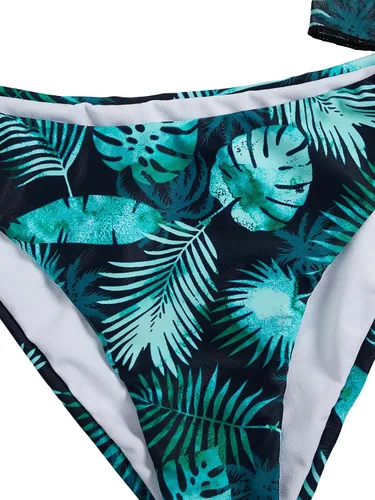 Vista 5 de SHENHE Traje de baño de 3 piezas para mujer con estampado de hojas, halter y cordón lateral, conjunto de bikini con salida de baño