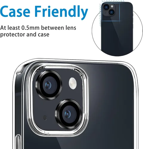 Vista 2 de Compatible con iPhone 14 y 14 Plus, protector de lente de cámara antiarañazos, protector de pantalla de vidrio templado 9H, anillo de cámara a Negro