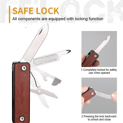 Vista 2 de ROXON M4 10 en 1 Mini cortaúñas portátil con mango de cuero multiherramienta, herramienta de utilidad, cuchillo con bloqueo de seguridad, tijeras