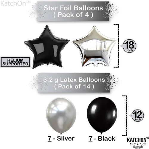 Vista 3 de Globos plateados 2025 y estrella, negro y confeti