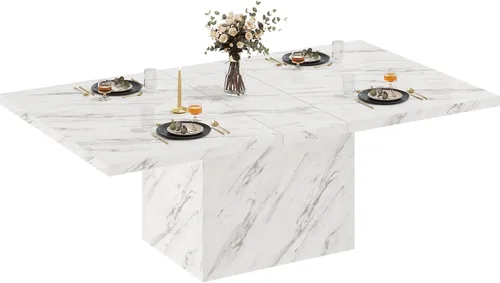 Vista 9 de LVB Mesa de comedor para 6 a 8 personas, mesa de cocina rectangular de mármol sintético blanco de 71 pulgadas, mesa de comedor de madera