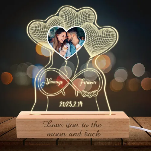 Vista 8 de Luz nocturna personalizada con foto, lámpara de noche personalizada con imagen de corazones en pantalla de vidrio con cadena de luces LED, regalos