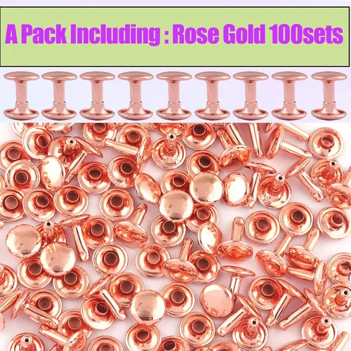 Vista 3 de Remaches tubulares de doble tapa de oro rosa, botón de metal redondo de 0.394 pulgadas (0.394 in), remaches rápidos para bolsos, bolsos, zapatos