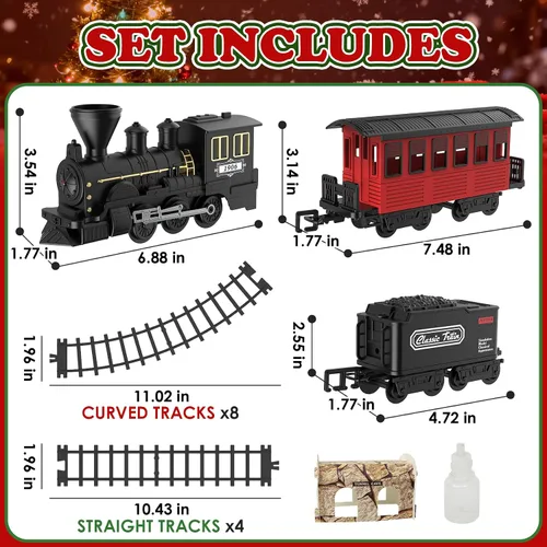 Vista 5 de Juego de tren de árbol de Navidad de 15 piezas con humo, sonido y luces, pista elegante y vagones de pasajeros vintage para Navidad, juego de tren