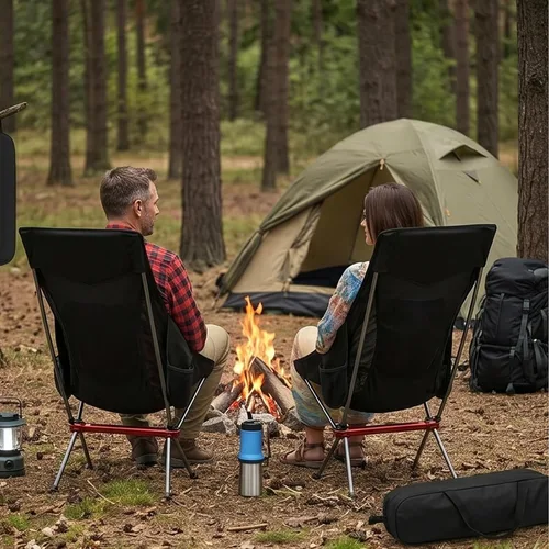 Vista 2 de SHALLWE Camping Chairs, All Aluminum Frame Portable Folding Camp Chair for Adults, Heavy Duty High Back Collapsible with Built-in Pillow, Side