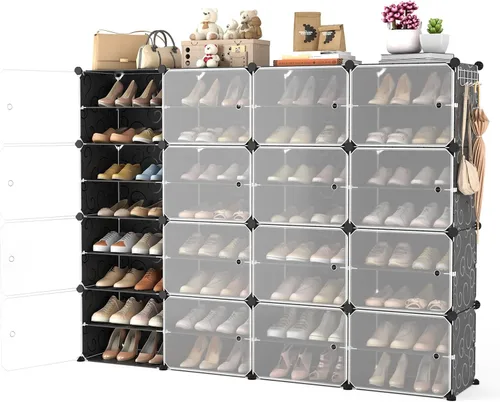 Vista 9 de Organizador portátil para zapatos con puerta, 48 pares de almacenamiento para zapatos, fácil de montar, plástico ajustable, organizador de zapatos