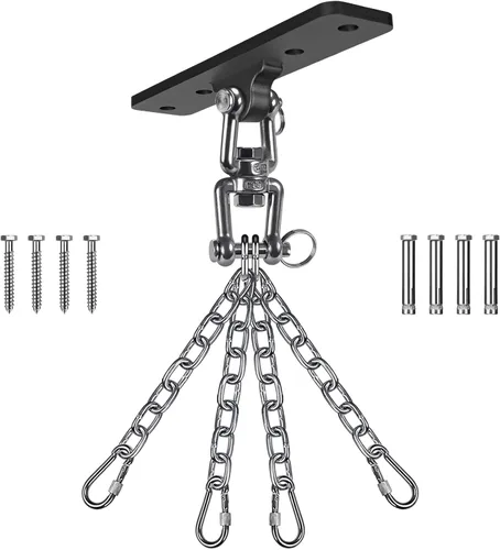 Vista 8 de SELEWARE Percha de bolsa pesada de rotación de 360°, capacidad de 1000 libras, montaje en techo y vigas con cadena de acero inoxidable y ganchos a