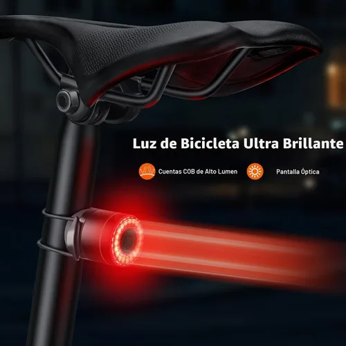 Vista 2 de Luz trasera inteligente para bicicleta, encendido/apagado automático, luz trasera con detección de freno, luz trasera de bicicleta recargable USB C