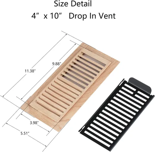Vista 3 de Paquete de 2 piezas de rejilla de piso de madera dura de roble rojo, cubierta de ventilación empotrable, 4x10 pulgadas, con regulador, sin acabar