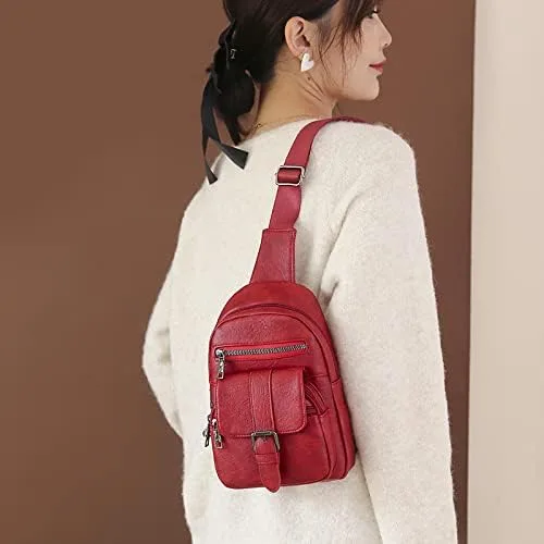 Vista 2 de Bolso cruzado pequeño, riñonera para mujeres y hombres, bolso bandolera de cuero para regalos, Estilo4-Rojo, S