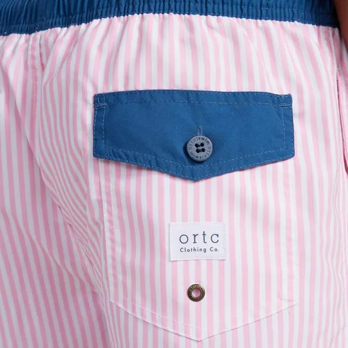 Vista 5 de ORTC - Bañador varonil azul marino o rosa, rayas, cintura azul, traje de baño de secado rápido para hombre, malla - 100% poliéster reciclado