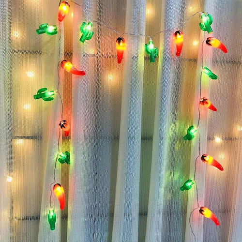 Vista 7 de Guirnalda de luces artificiales de cactus verde chile rojo, 20 LED, luces de noche de hadas de Navidad, funciona con pilas, para decoración de bodas