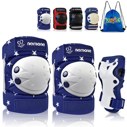 Vista 9 de NEMONE Rodilleras para niños, coderas, coderas, muñequeras con bolsa de cordón, juego de equipo de protección reflectante ajustable para patinetes