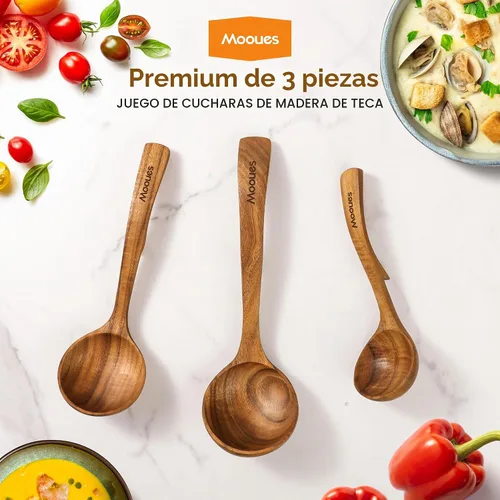 Vista 8 de Cucharón de madera para sopa, cucharón de madera de teca de 3 tamaños con ganchos traseros, cucharas de madera resistentes al calor para cocinar
