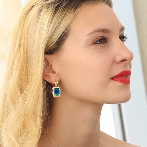Vista 2 de Gem Stone King Gemstone Birthstone Halo Dangle Earrings For Women 18K Yellow Gold Plated Silver Emerald Cut 14X10MM Fine Jewelry Gifts for Her