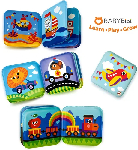 Vista 4 de Libros flotantes de baño para bebés, libros de baño con temática de transporte para bebés, bebés, juguetes de baño impermeables y sin moho