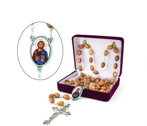 Vista 2 de TREE OF LIFE REV. 2214 Collar de rosario católico de madera de Israel, cuentas de rosario de madera de olivo con retrato de icono y colgante de cruz