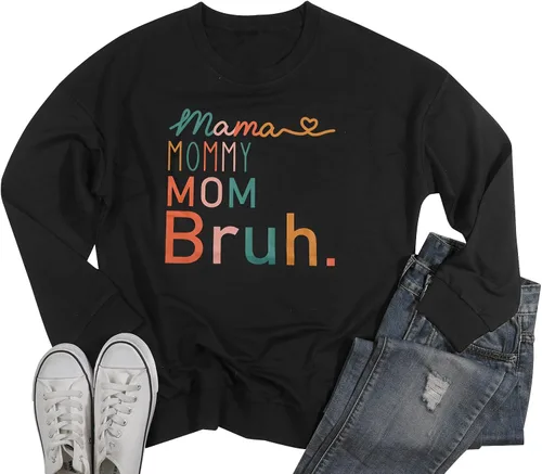 Vista 4 de BLANCHES Sudadera para mujer con texto en inglés Mama Mom, Mamá, Bruh, divertida, sudadera sin botones, informal, holgada, de manga larga