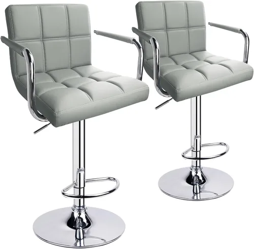 Vista 11 de Leopard Taburetes de bar ajustables con reposabrazos, respaldo cuadrado, doble costura giratoria con taburete trasero, juego de 2 (gris)