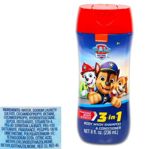 Vista 2 de Paw Patrol Champú, acondicionador, gel de baño para niños, botella de 8 onzas, paquete con gel de baño 3 en 1 con aroma a bayas, champú