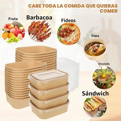 Vista 6 de Paquete de 50 cuencos desechables de papel kraft de 17 onzas con tapas, recipientes rectangulares de preparación de comidas a granel, ensaladera