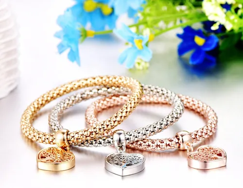 Vista 7 de 3 pulseras de cadena de palomitas de maíz de oroplataoro rosa - dije de edición de corazón con pulsera elástica de cristal para mujeres y niñas