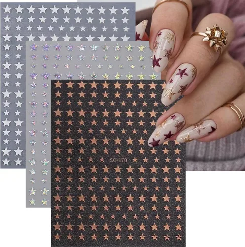 Vista 5 de 6 Hojas de Calcomanías de Arte de Uñas con Estrellas Calcomanías 3D con Purpurina Brillante Dorada Plateada Blanca Negra Estrellas Calcomanías