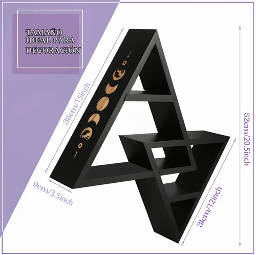 Vista 3 de ANROYE Estante triangular de fases lunares con ganchos, estantes de cristal de madera negra Wiccan para almacenamiento de joyas de mujer, piedra