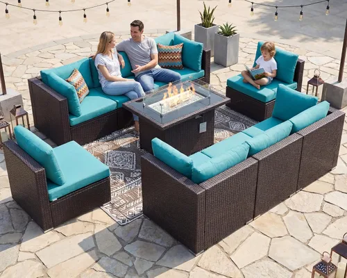 Vista 71 de NICESOUL Juego de muebles de patio de ratán extra grande con mesa para fogata de gas y propano, 29.3 pulgadas, respaldo alto, cómodos conversaciones