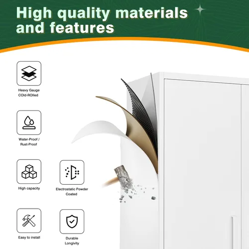 Vista 5 de Letaya Armario de almacenamiento de metal blanco con cerradura-71 armarios de despensa de metal altos, 5 estantes ajustables y puerta para el hogar