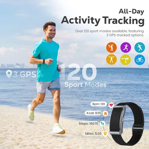 Vista 2 de Pulsera inteligente para hombres y mujeres, monitor de frecuencia cardíaca y sueño 24/7, contador de pasos, 120 modos deportivos, impermeable