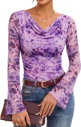 Vista 18 de GRACE KARIN Blusas de malla estilo bohemio para mujer, estilo casual
