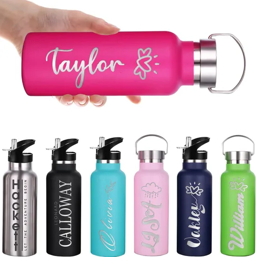 Vista 12 de Botellas de agua personalizadas con tapa de popote de 12/26 onzas, botella de agua deportiva aislada personalizada con grabado láser, botella