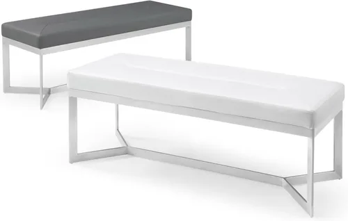 Vista 8 de ZURI Moderno banco de cuero sintético gris Garland con base en ángulo de acero inoxidable cepillado