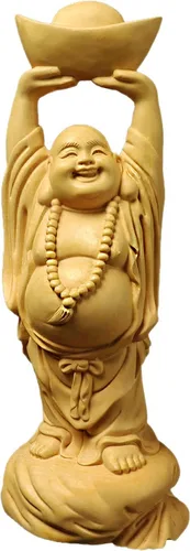 Vista 12 de Estatua de Buda Maitreya Maitreya tallada a mano de boj natural (ventilador de bolsa de tela)