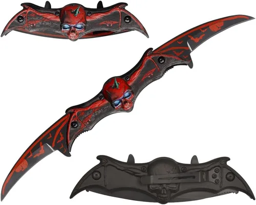 Vista 5 de Navaja de bolsillo de doble hoja estilo murciélago - 11" Cuchillo táctico plegable con resorte de apertura asistida (Negro/Negro)