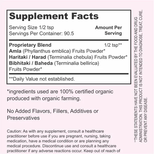 Vista 8 de Polvo de trifala 100% orgánico, mezcla ayurvédica con polvo Amla y Haritaki, y Bibhitaki para la salud intestinal, salud digestiva, desintoxicación