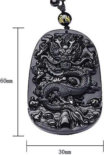 Vista 2 de Colgante valiente de obsidiana natural, cierre seguro, collar de dragón y fénix, estela de dragón chino de piedra tallada, colgante de unicornio